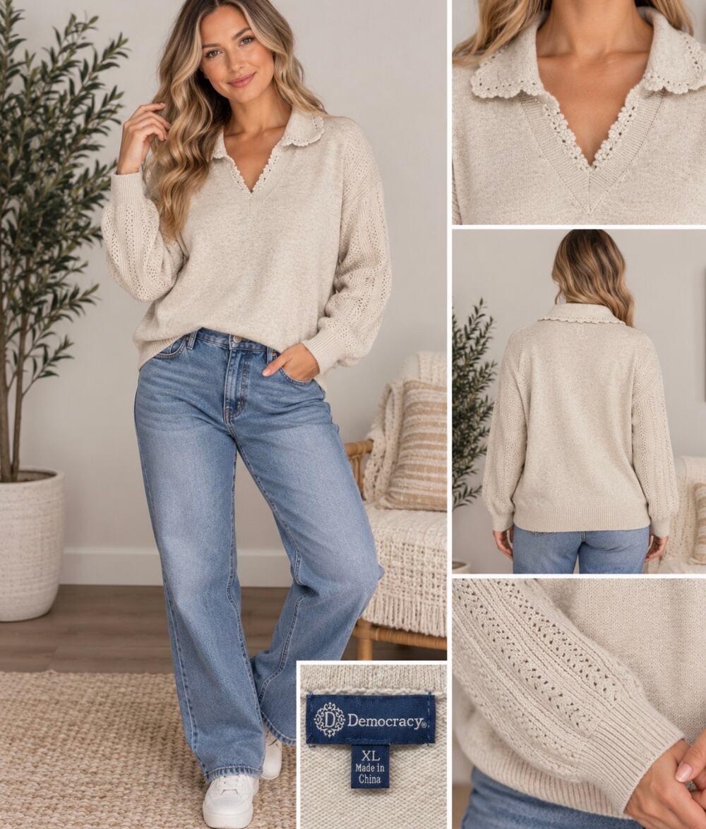 Democracy Women’s XL Cream Collared V-Neck Pointelle Knit Sweater Cottagecore
